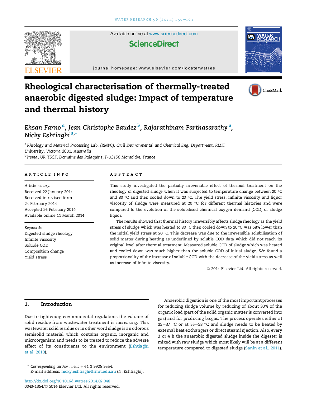 Rheological characterisation of thermally-treated anaerobic digested sludge: Impact of temperature and thermal history