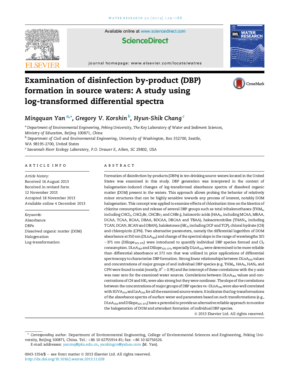 Examination of disinfection by-product (DBP) formation in source waters: A study using log-transformed differential spectra