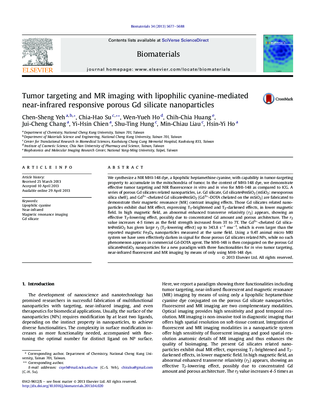 Tumor targeting and MR imaging with lipophilic cyanine-mediated near-infrared responsive porous Gd silicate nanoparticles