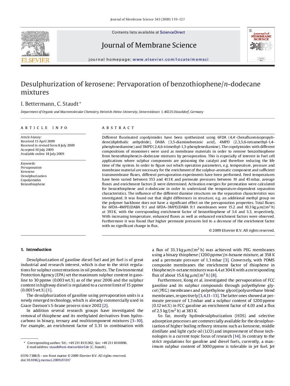 Desulphurization of kerosene: Pervaporation of benzothiophene/n-dodecane mixtures