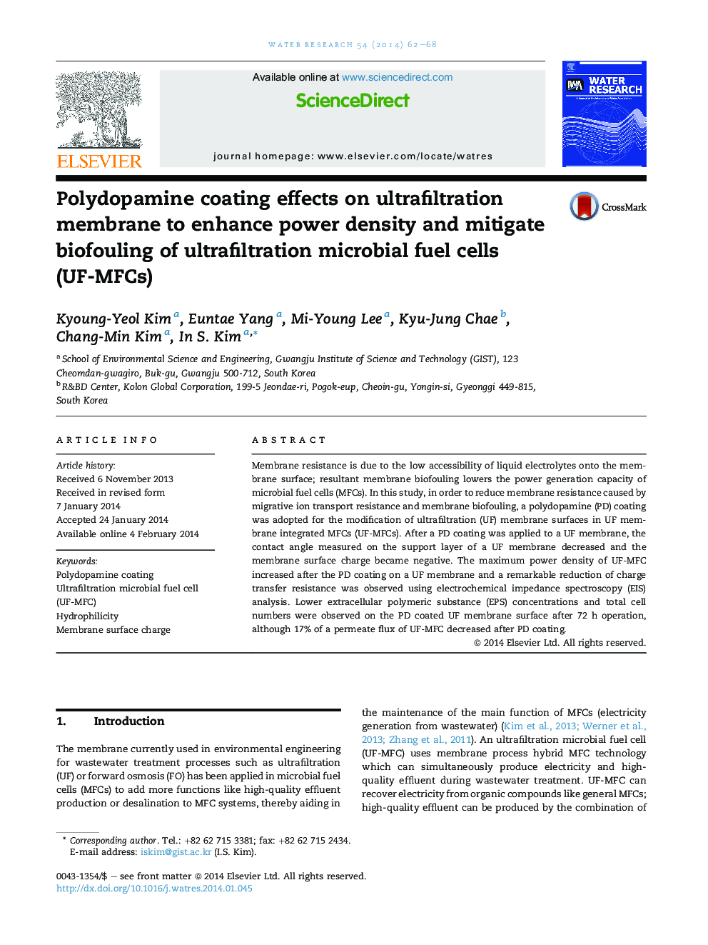 Polydopamine coating effects on ultrafiltration membrane to enhance power density and mitigate biofouling of ultrafiltration microbial fuel cells (UF-MFCs)