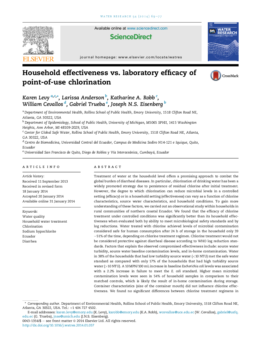 Household effectiveness vs. laboratory efficacy of point-of-use chlorination