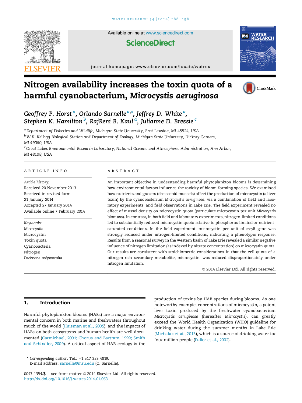 Nitrogen availability increases the toxin quota of a harmful cyanobacterium, Microcystis aeruginosa