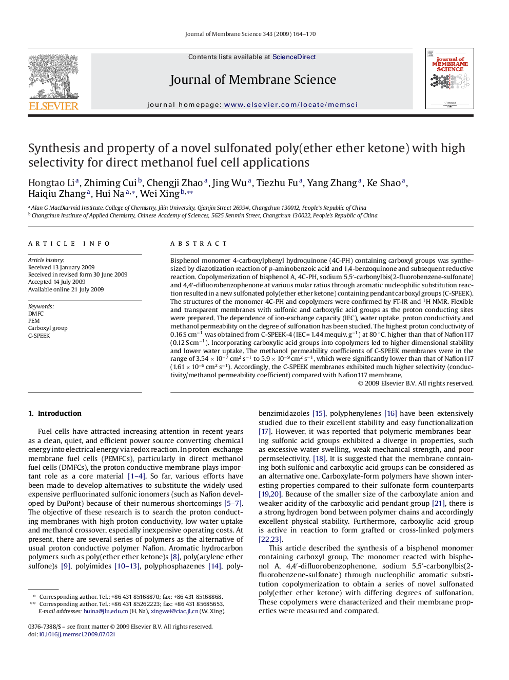 Synthesis and property of a novel sulfonated poly(ether ether ketone) with high selectivity for direct methanol fuel cell applications