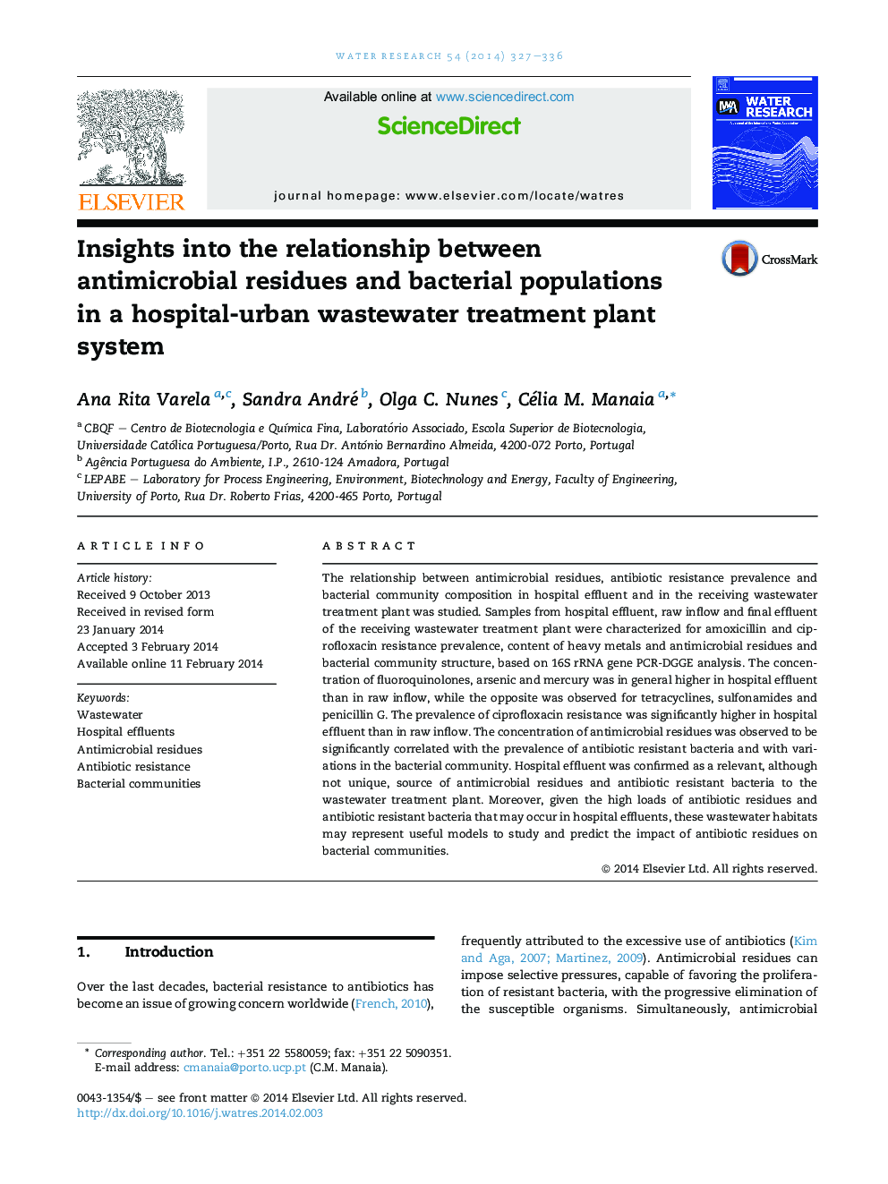 Insights into the relationship between antimicrobial residues and bacterial populations inÂ a hospital-urban wastewater treatment plant system