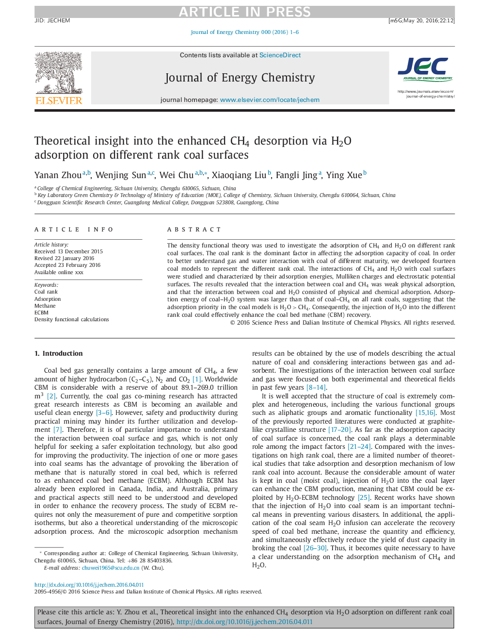 عکس صفحه اول مقاله: Theoretical insight into the enhanced CH4 desorption via H2O adsorption on different rank coal surfaces Theoretical insight into the enhanced CH4 desorption via H2O adsorption on different rank coal surfaces