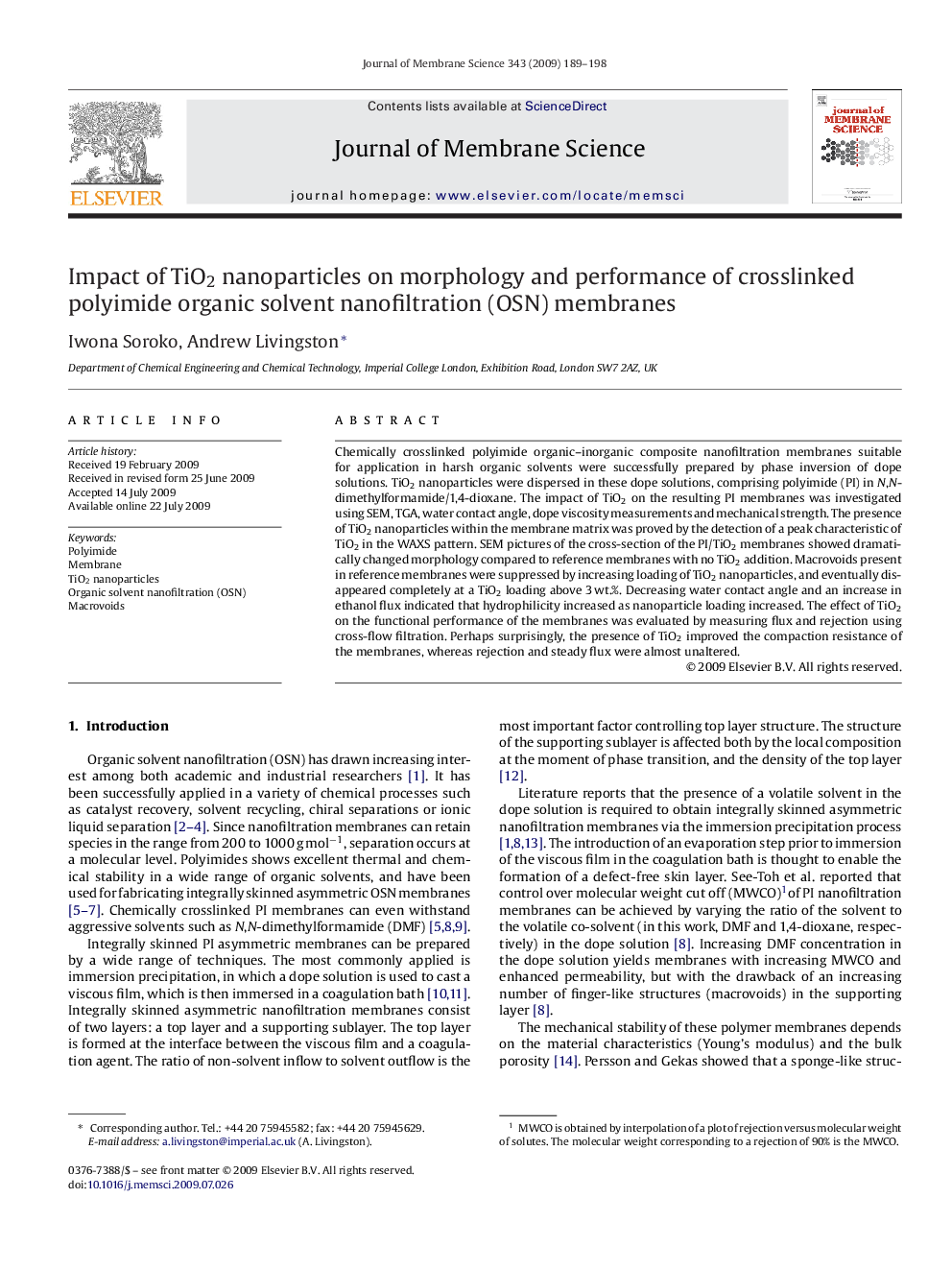 Impact of TiO2 nanoparticles on morphology and performance of crosslinked polyimide organic solvent nanofiltration (OSN) membranes