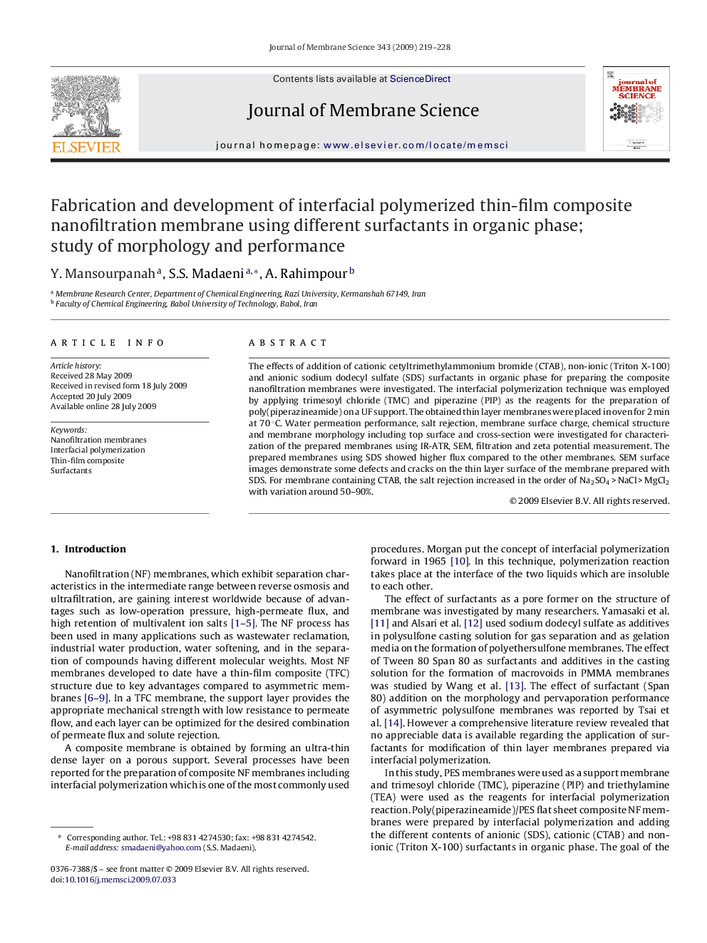 Fabrication and development of interfacial polymerized thin-film composite nanofiltration membrane using different surfactants in organic phase; study of morphology and performance