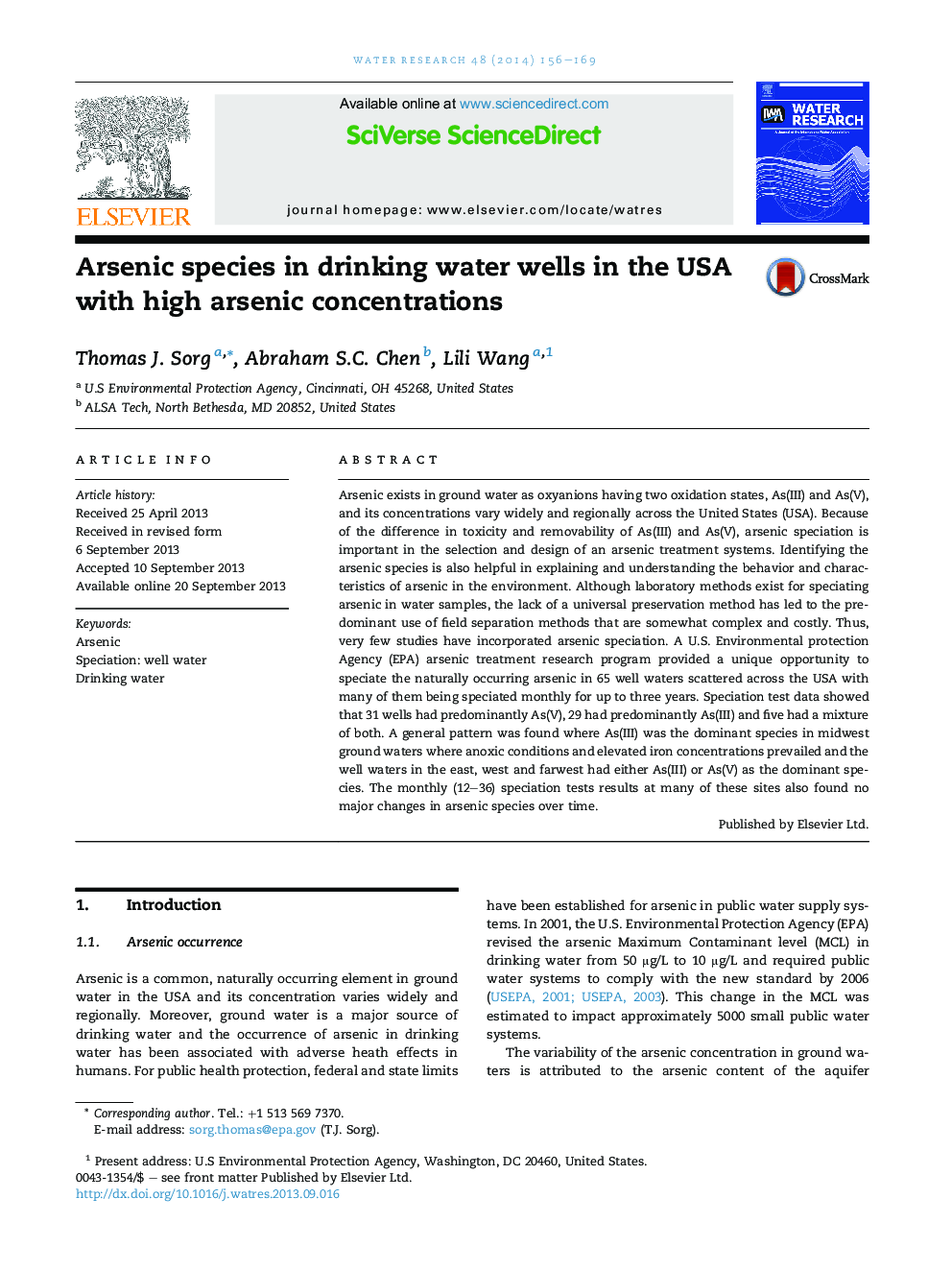 Arsenic species in drinking water wells in the USA with high arsenic concentrations