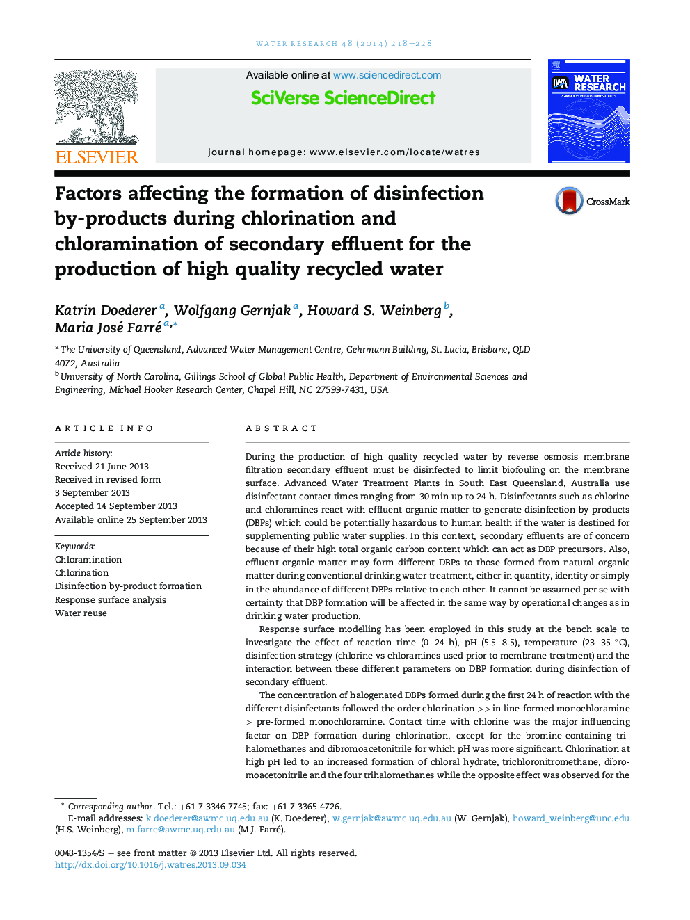 Factors affecting the formation of disinfection by-products during chlorination and chloramination of secondary effluent for the production of high quality recycled water