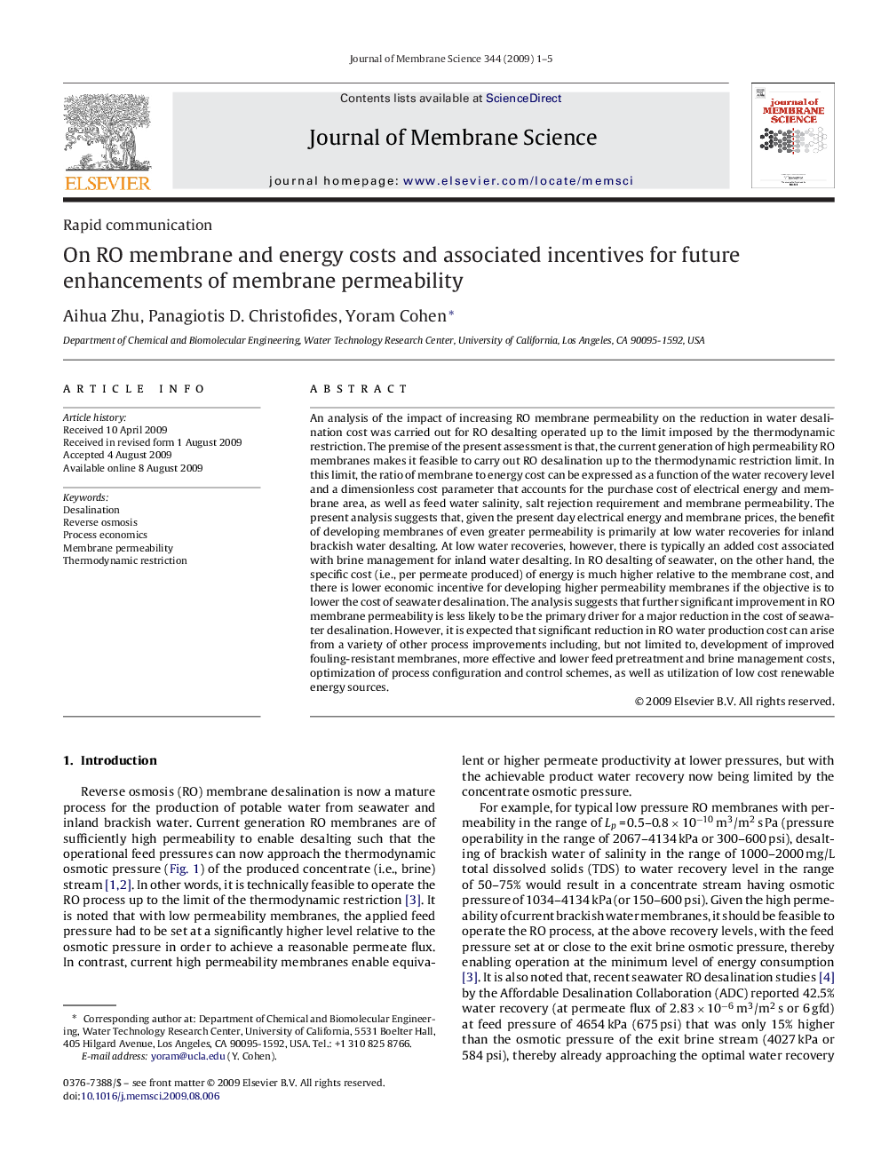 On RO membrane and energy costs and associated incentives for future enhancements of membrane permeability