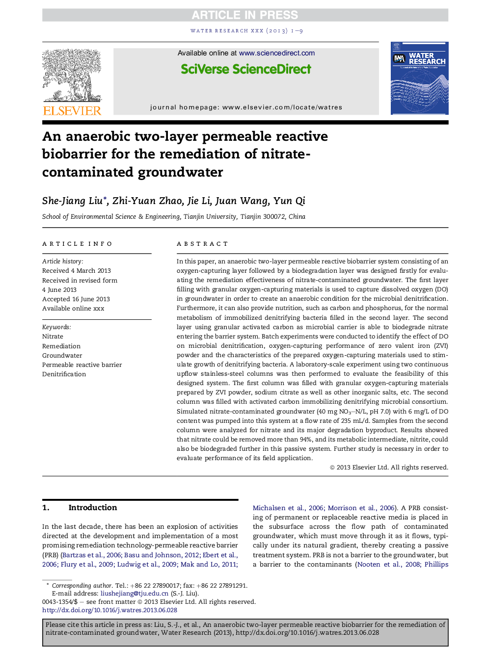 An anaerobic two-layer permeable reactive biobarrier for the remediation of nitrate-contaminated groundwater