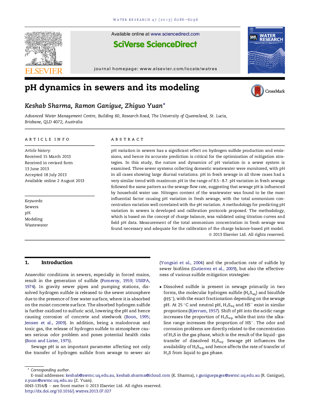 عکس صفحه اول مقاله: pH dynamics in sewers and its modeling pH dynamics in sewers and its modeling