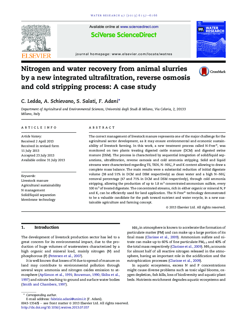 Nitrogen and water recovery from animal slurries by a new integrated ultrafiltration, reverse osmosis and cold stripping process: A case study