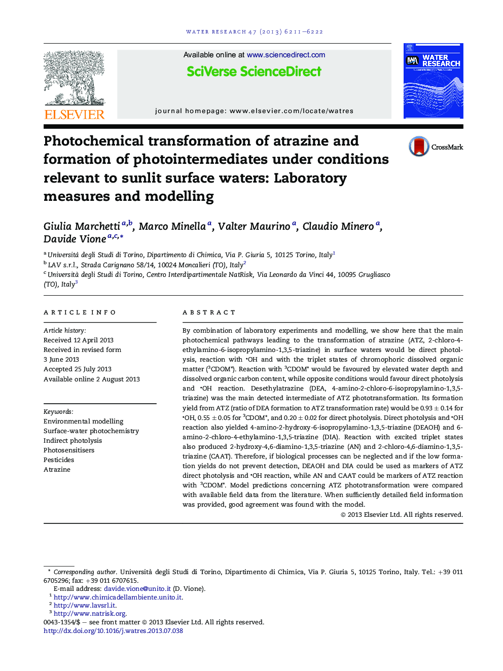 Photochemical transformation of atrazine and formation of photointermediates under conditions relevant to sunlit surface waters: Laboratory measures and modelling