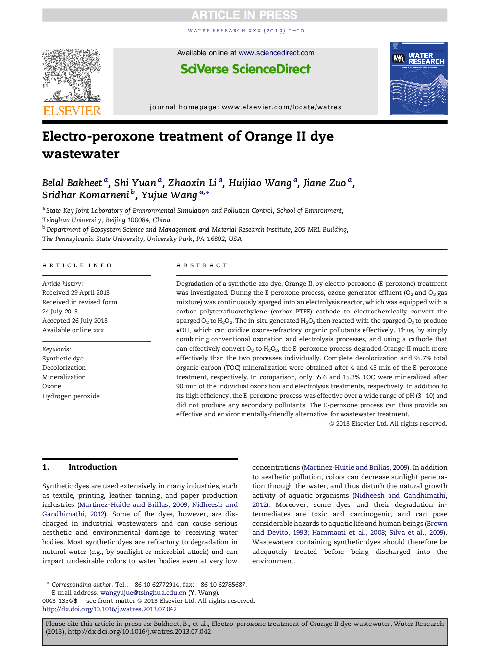 Electro-peroxone treatment of Orange II dye wastewater