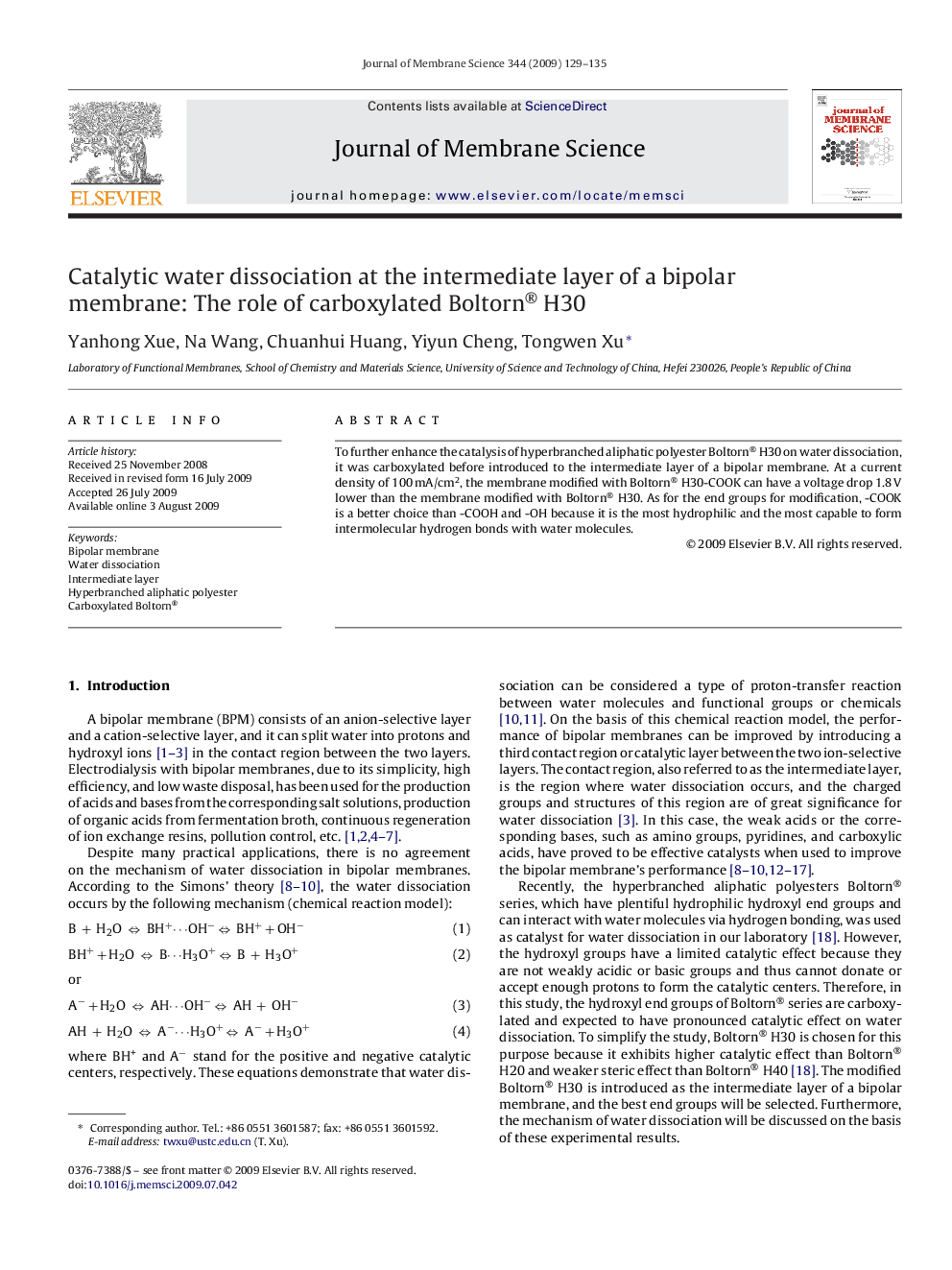 Catalytic water dissociation at the intermediate layer of a bipolar membrane: The role of carboxylated Boltorn® H30