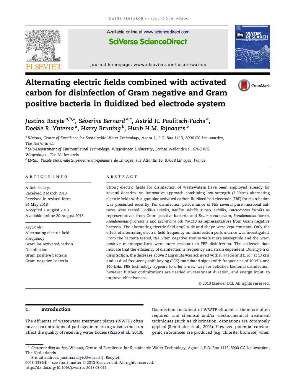 Alternating electric fields combined with activated carbon for disinfection of Gram negative and Gram positive bacteria in fluidized bed electrode system