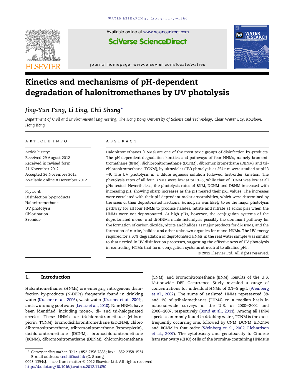 Kinetics and mechanisms of pH-dependent degradation of halonitromethanes by UV photolysis