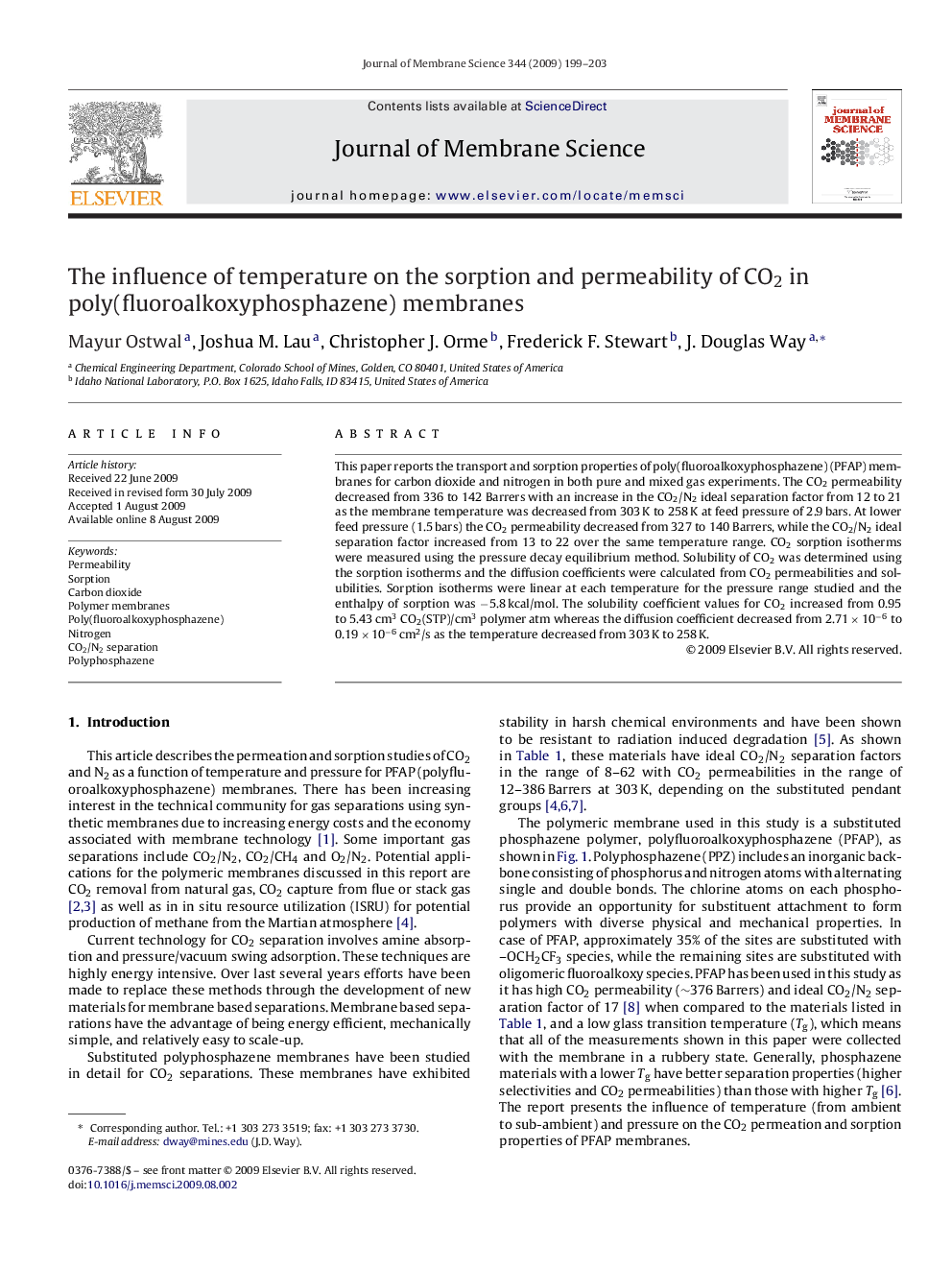 The influence of temperature on the sorption and permeability of CO2 in poly(fluoroalkoxyphosphazene) membranes