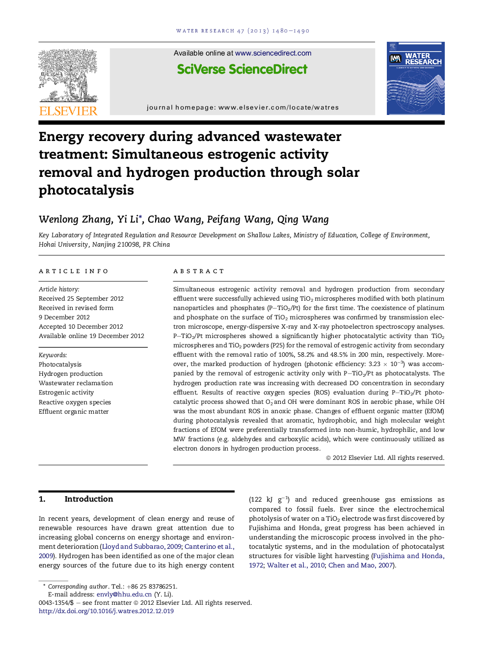 Energy recovery during advanced wastewater treatment: Simultaneous estrogenic activity removal and hydrogen production through solar photocatalysis