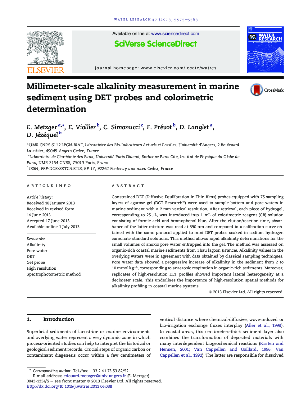 Millimeter-scale alkalinity measurement in marine sediment using DET probes and colorimetric determination