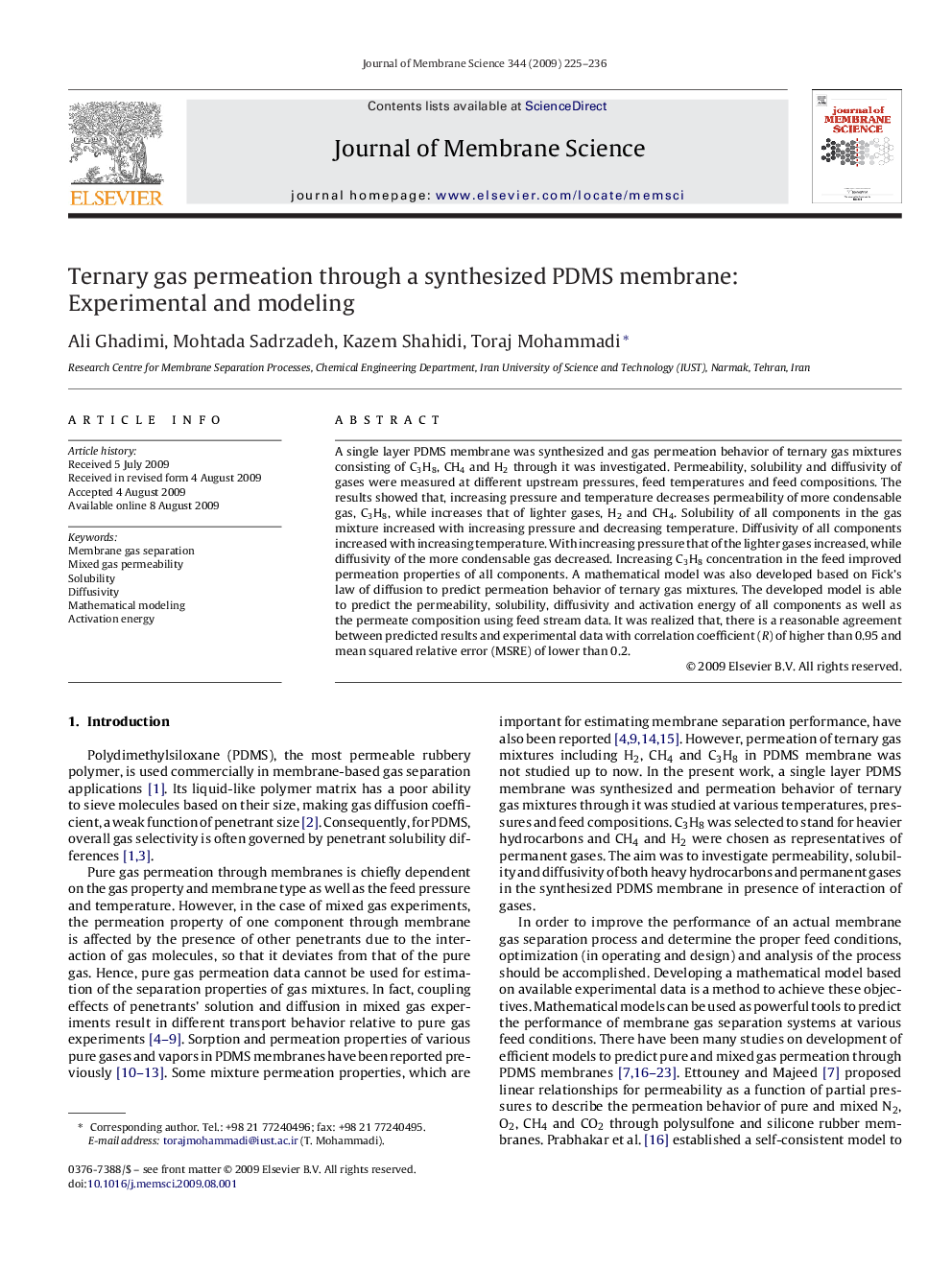 Ternary gas permeation through a synthesized PDMS membrane: Experimental and modeling