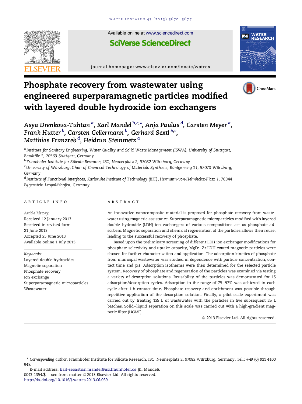 Phosphate recovery from wastewater using engineered superparamagnetic particles modified with layered double hydroxide ion exchangers