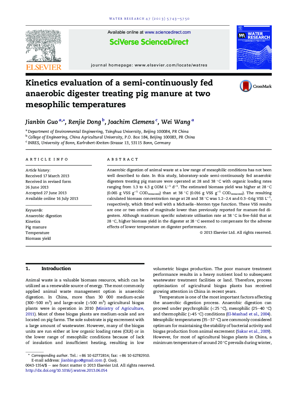 Kinetics evaluation of a semi-continuously fed anaerobic digester treating pig manure at two mesophilic temperatures