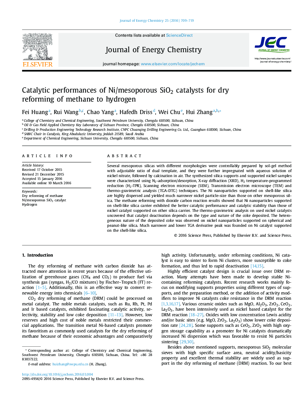 Catalytic performances of Ni/mesoporous SiO2 catalysts for dry reforming of methane to hydrogen