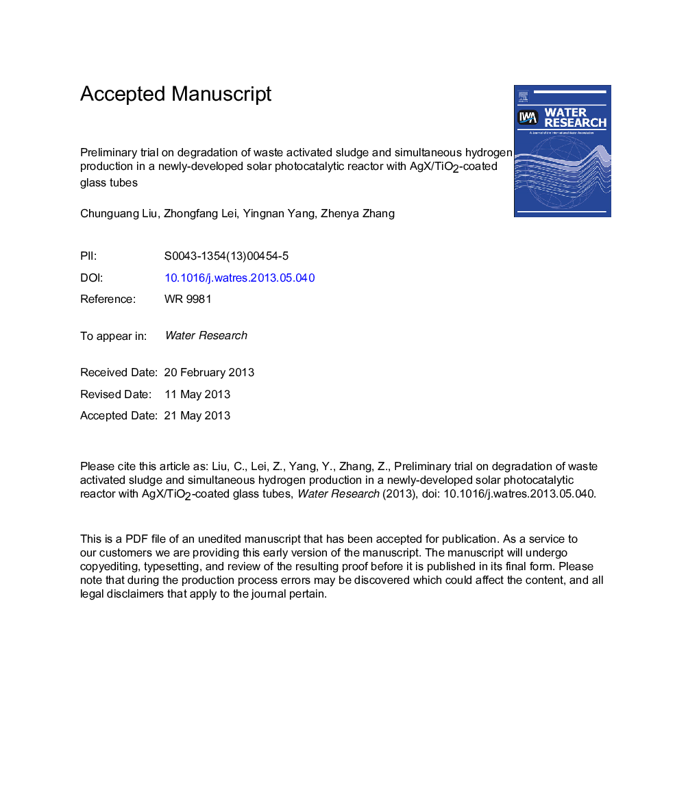 Preliminary trial on degradation of waste activated sludge and simultaneous hydrogen production in a newly-developed solar photocatalytic reactor with AgX/TiO2-coated glass tubes