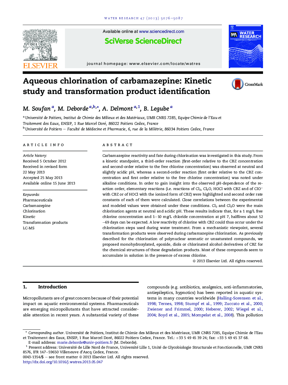 Aqueous chlorination of carbamazepine: Kinetic study and transformation product identification
