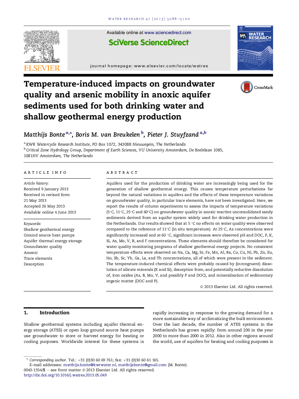 Temperature-induced impacts on groundwater quality and arsenic mobility in anoxic aquifer sediments used for both drinking water and shallow geothermal energy production