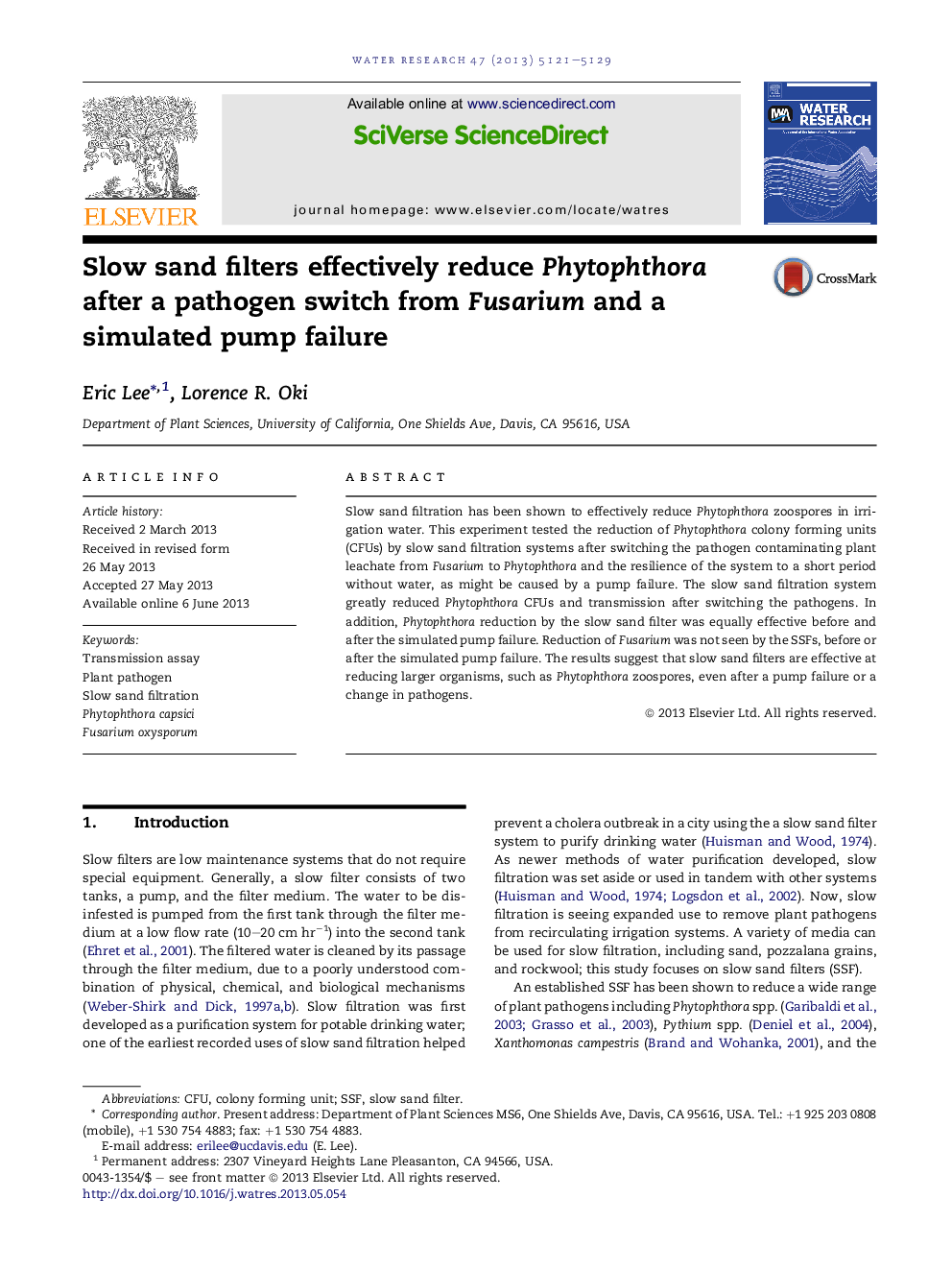 Slow sand filters effectively reduce Phytophthora after a pathogen switch from Fusarium and a simulated pump failure