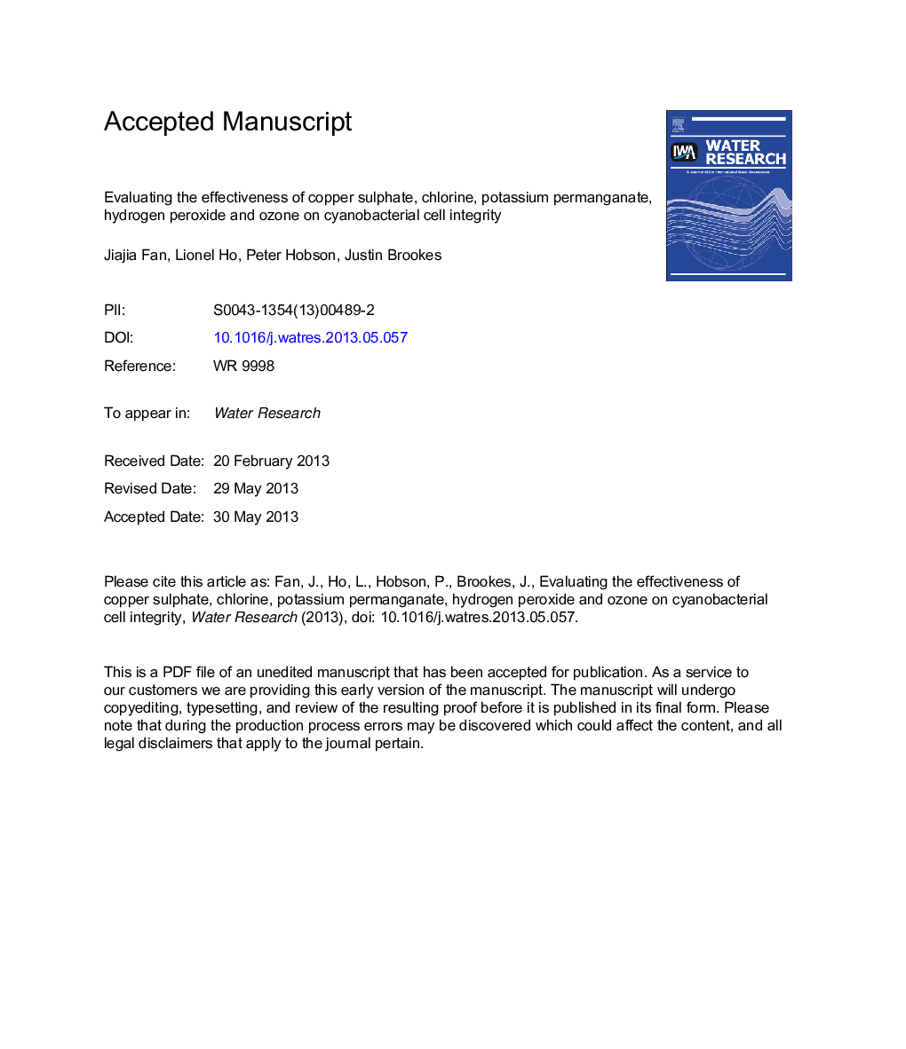 Evaluating the effectiveness of copper sulphate, chlorine, potassium permanganate, hydrogen peroxide and ozone on cyanobacterial cell integrity