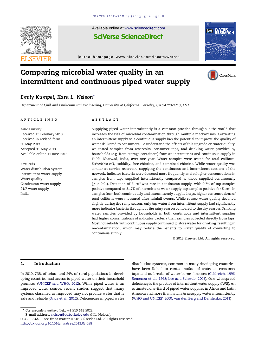 Comparing microbial water quality in an intermittent and continuous piped water supply