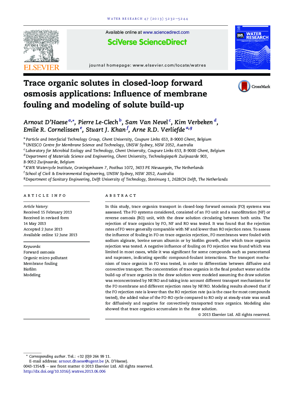 Trace organic solutes in closed-loop forward osmosis applications: Influence of membrane fouling and modeling of solute build-up