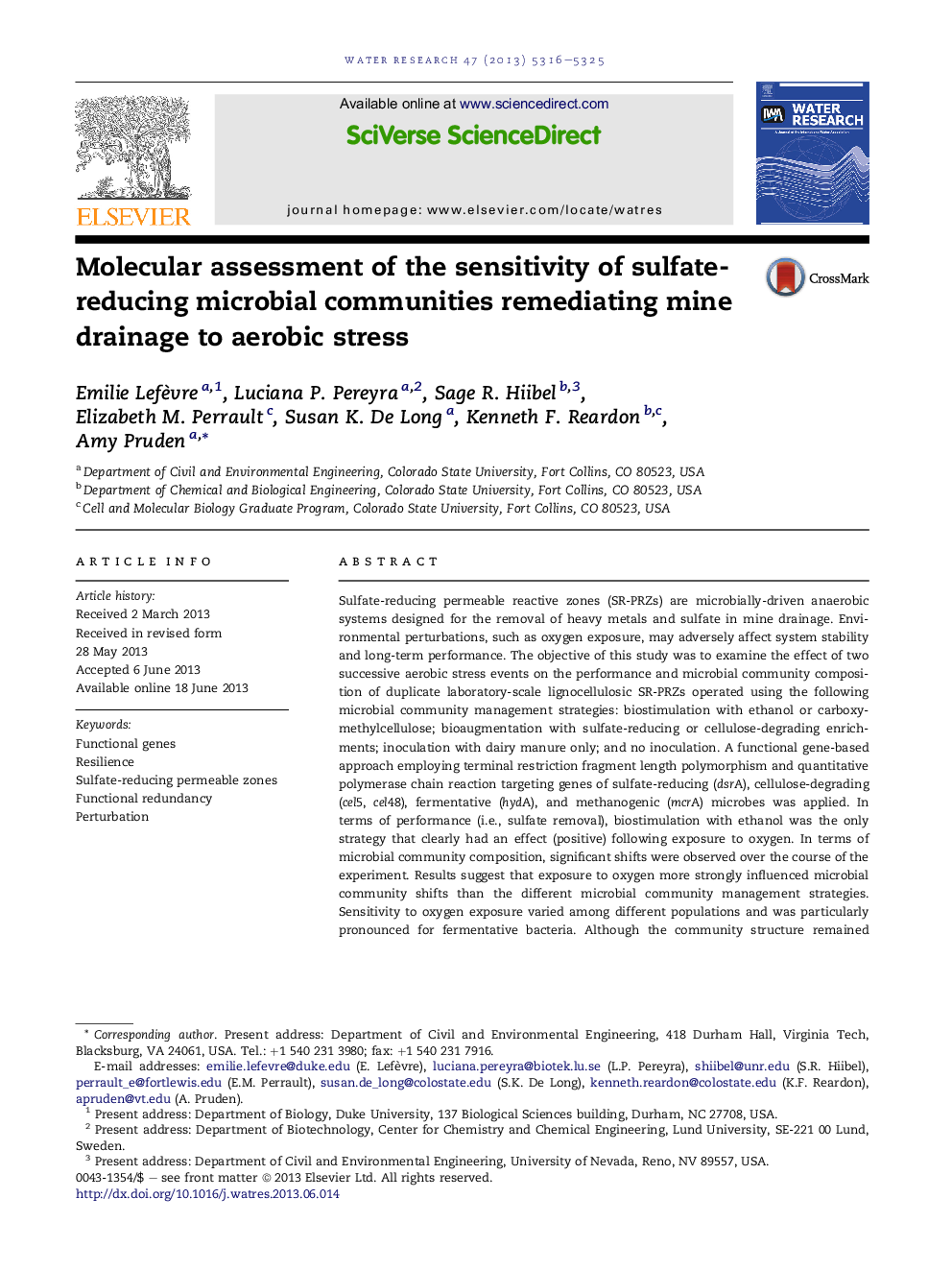 Molecular assessment of the sensitivity of sulfate-reducing microbial communities remediating mine drainage to aerobic stress