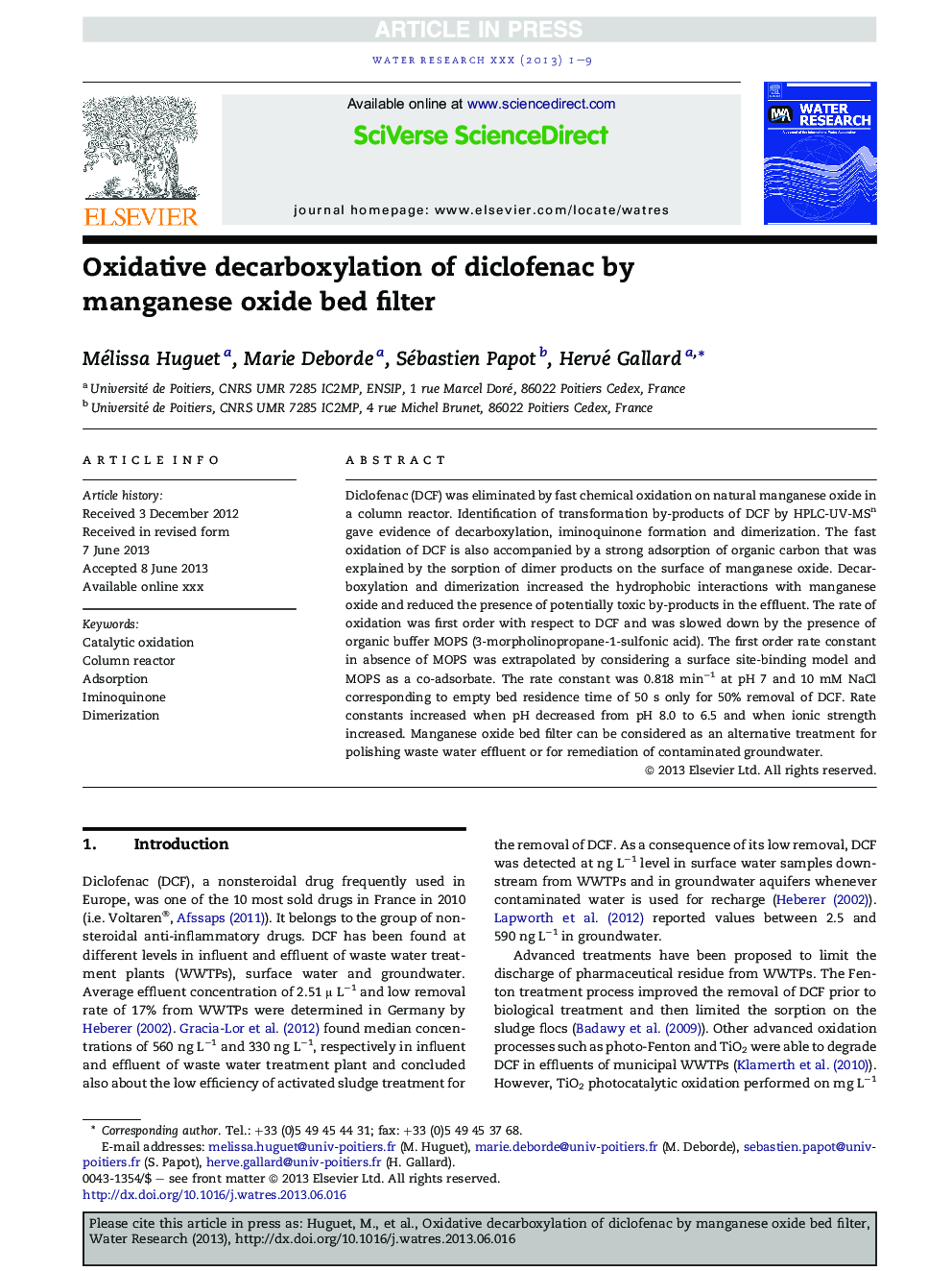 Oxidative decarboxylation of diclofenac by manganese oxide bed filter