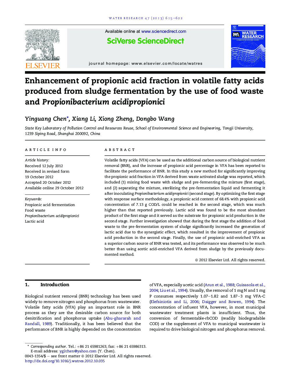 Enhancement of propionic acid fraction in volatile fatty acids produced from sludge fermentation by the use of food waste and Propionibacterium acidipropionici