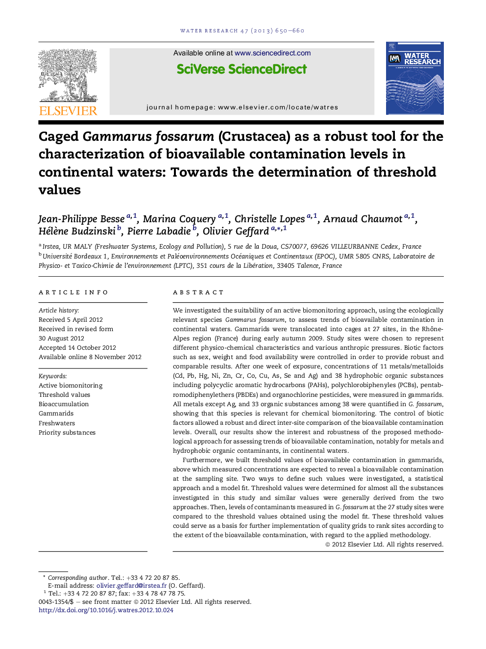 عکس صفحه اول مقاله: Caged Gammarus fossarum (Crustacea) as a robust tool for the characterization of bioavailable contamination levels in continental waters: Towards the determination of threshold values Caged Gammarus fossarum (Crustacea) as a robust tool for the characterization of bioavailable contamination levels in continental waters: Towards the determination of threshold values