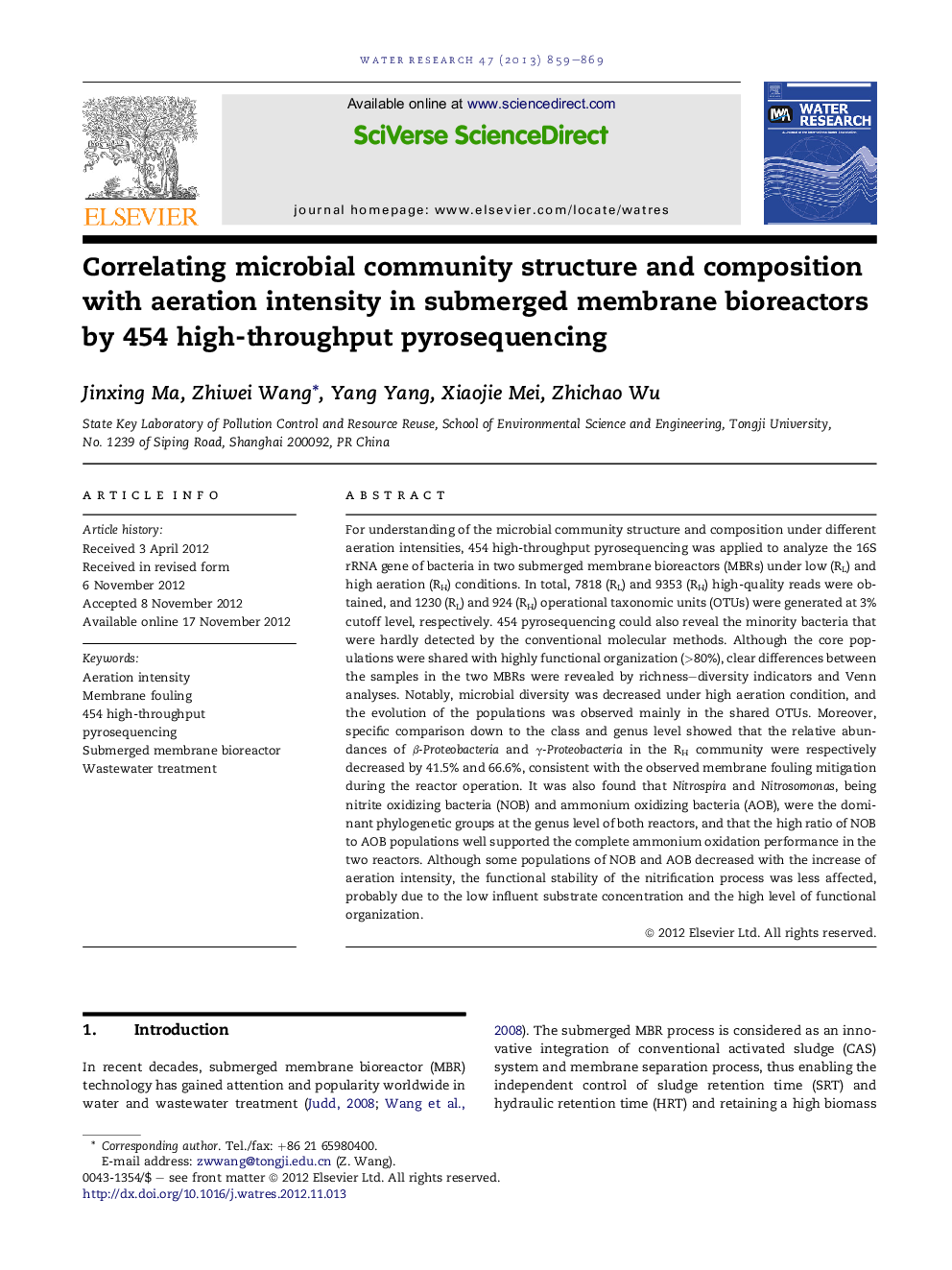 Correlating microbial community structure and composition with aeration intensity in submerged membrane bioreactors by 454 high-throughput pyrosequencing