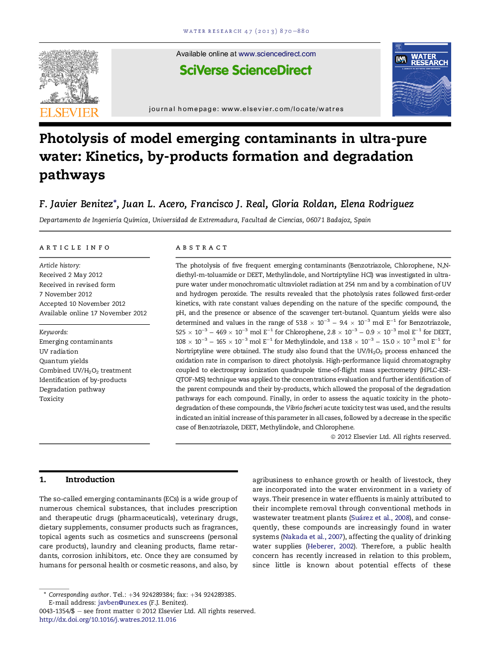 Photolysis of model emerging contaminants in ultra-pure water: Kinetics, by-products formation and degradation pathways