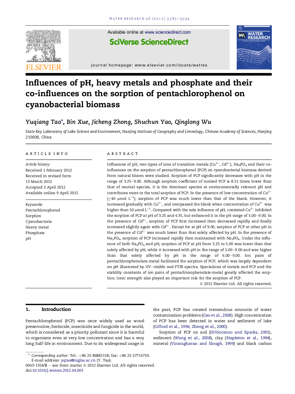 Influences of pH, heavy metals and phosphate and their co-influences on the sorption of pentachlorophenol on cyanobacterial biomass