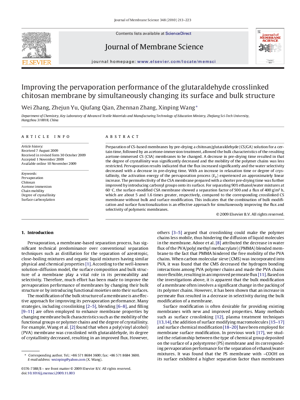 Improving the pervaporation performance of the glutaraldehyde crosslinked chitosan membrane by simultaneously changing its surface and bulk structure