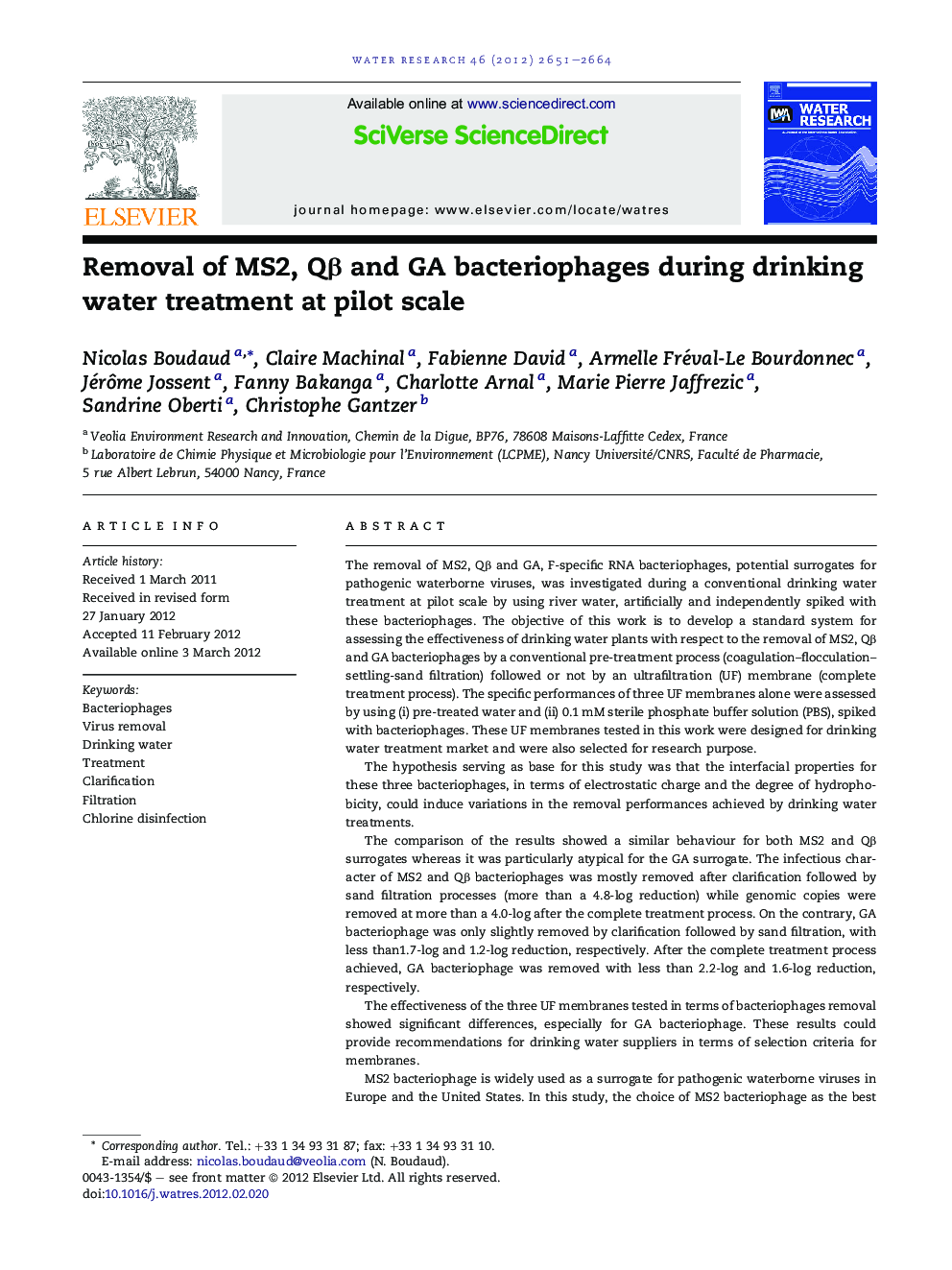 Removal of MS2, QÎ² and GA bacteriophages during drinking water treatment at pilot scale