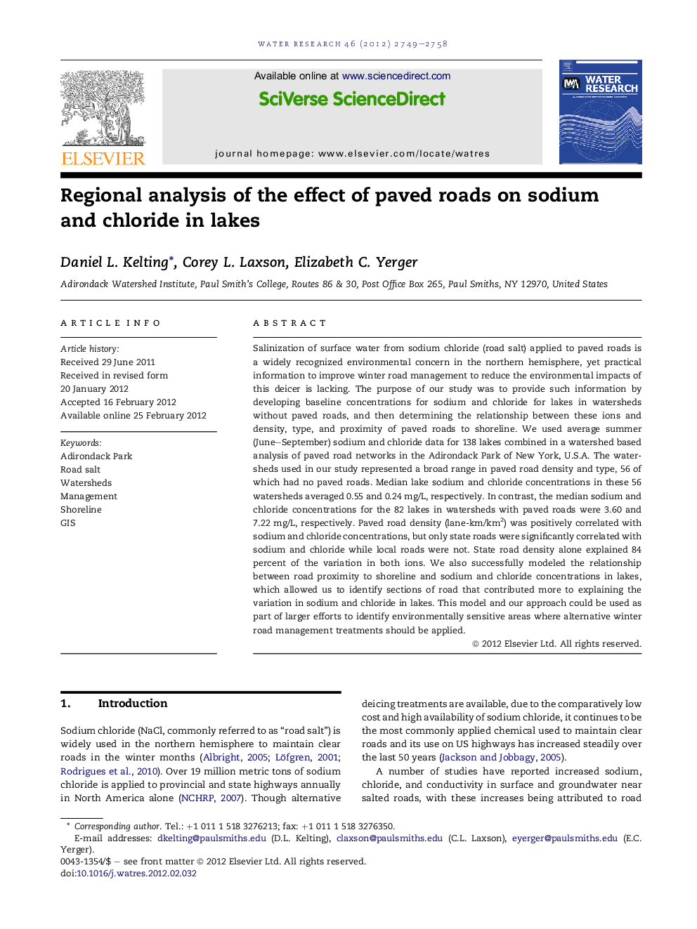 Regional analysis of the effect of paved roads on sodium and chloride in lakes