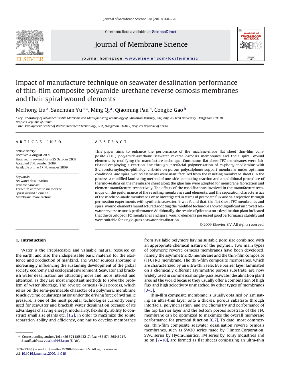 Impact of manufacture technique on seawater desalination performance of thin-film composite polyamide-urethane reverse osmosis membranes and their spiral wound elements