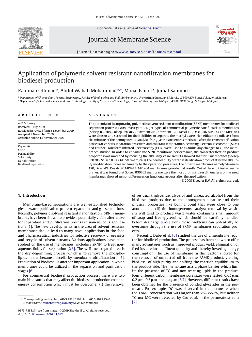 Application of polymeric solvent resistant nanofiltration membranes for biodiesel production