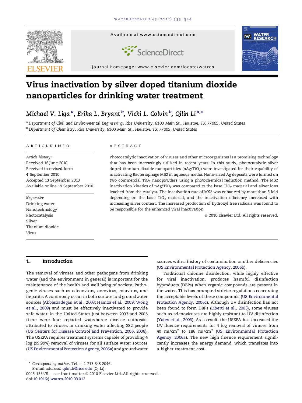 Virus inactivation by silver doped titanium dioxide nanoparticles for drinking water treatment